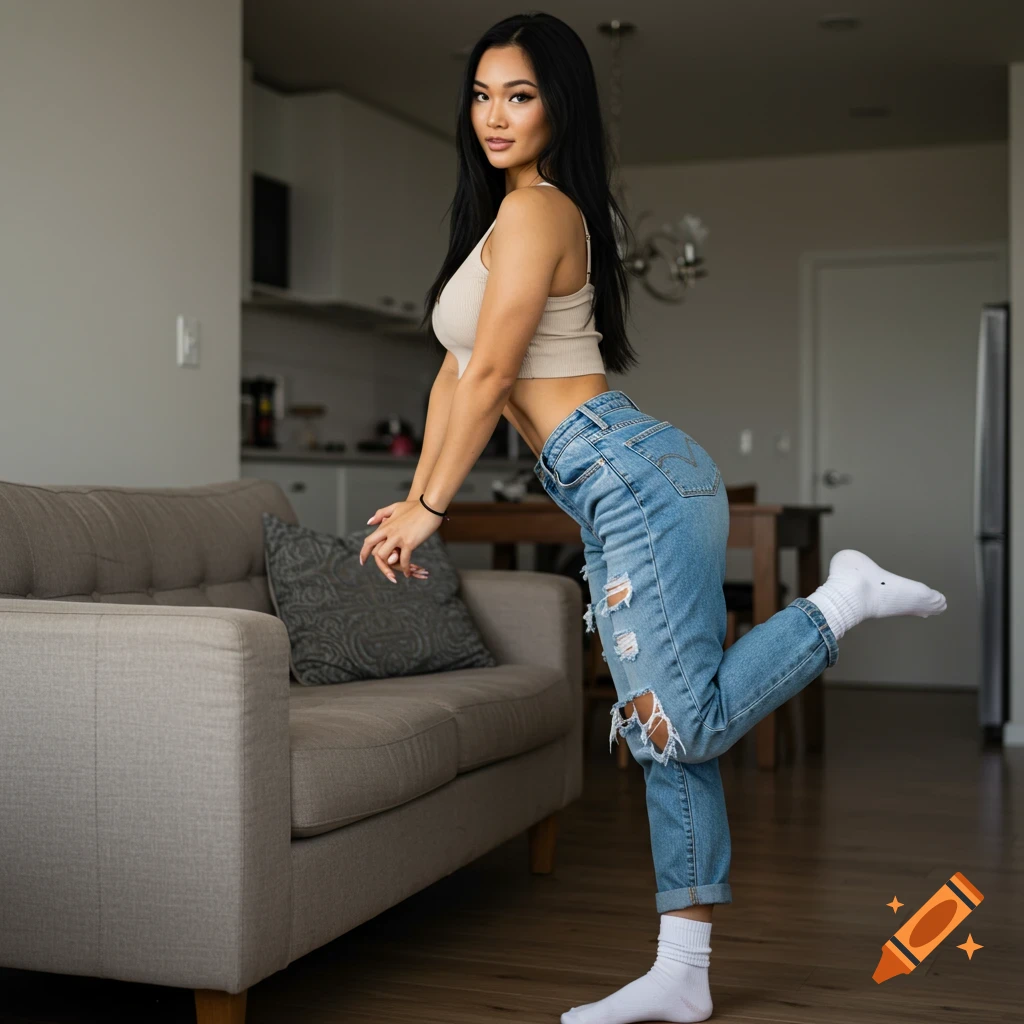 Woman in beige crop top and ripped jeans posing on a sofa in a living room.