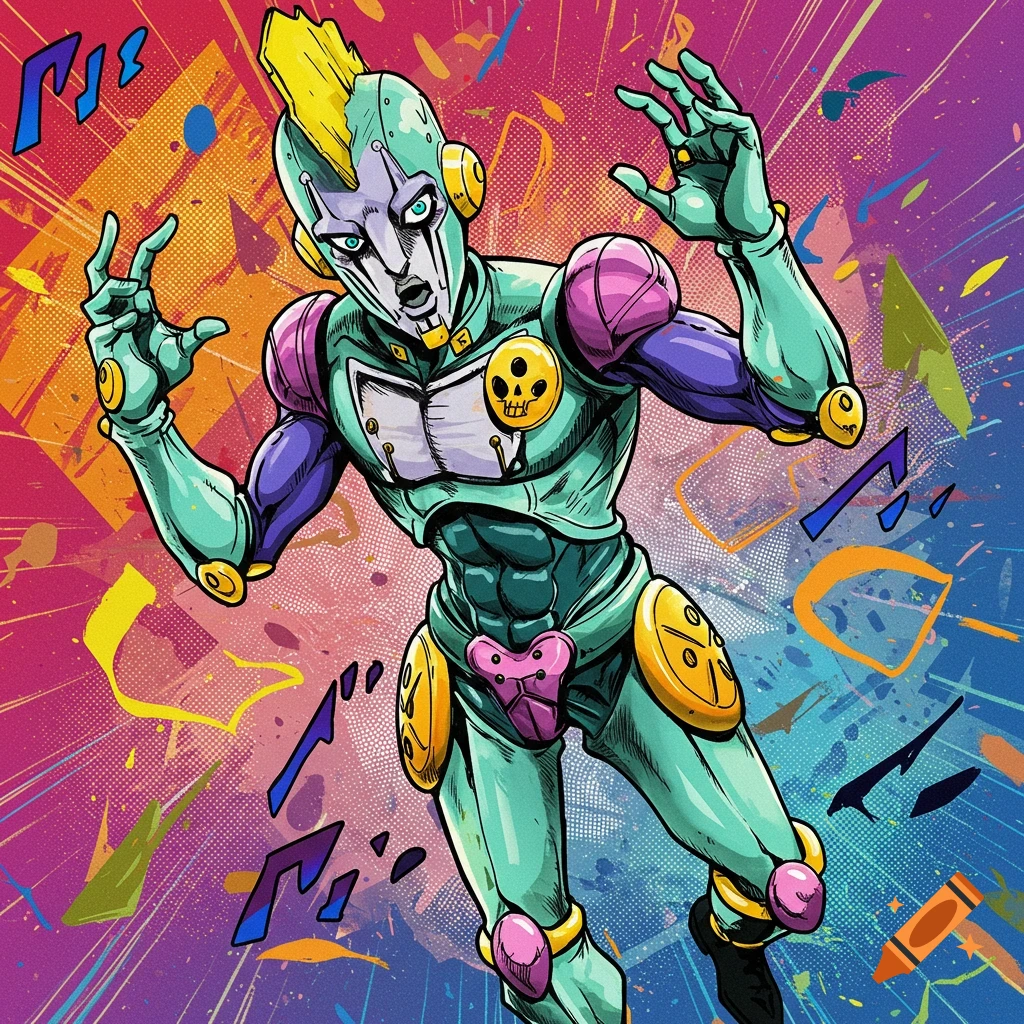 A green and purple stylized anime character with a yellow mohawk and metal suit poses dynamically against a colorful, abstract background.