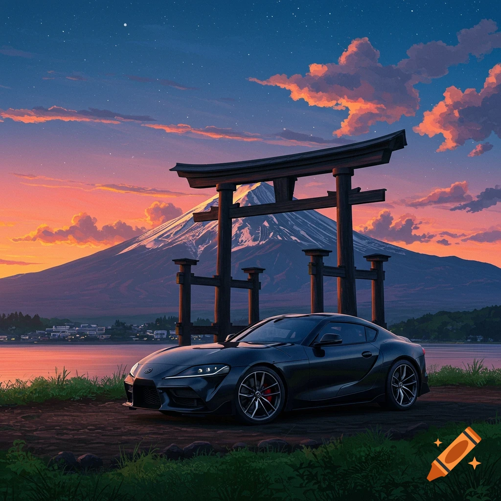 A black Supra car parked near a torii gate with Mount Fuji and a sunset sky in the background.
