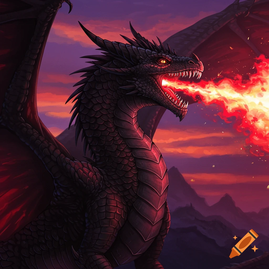 A black dragon breathes fire against a dramatic sunset sky.