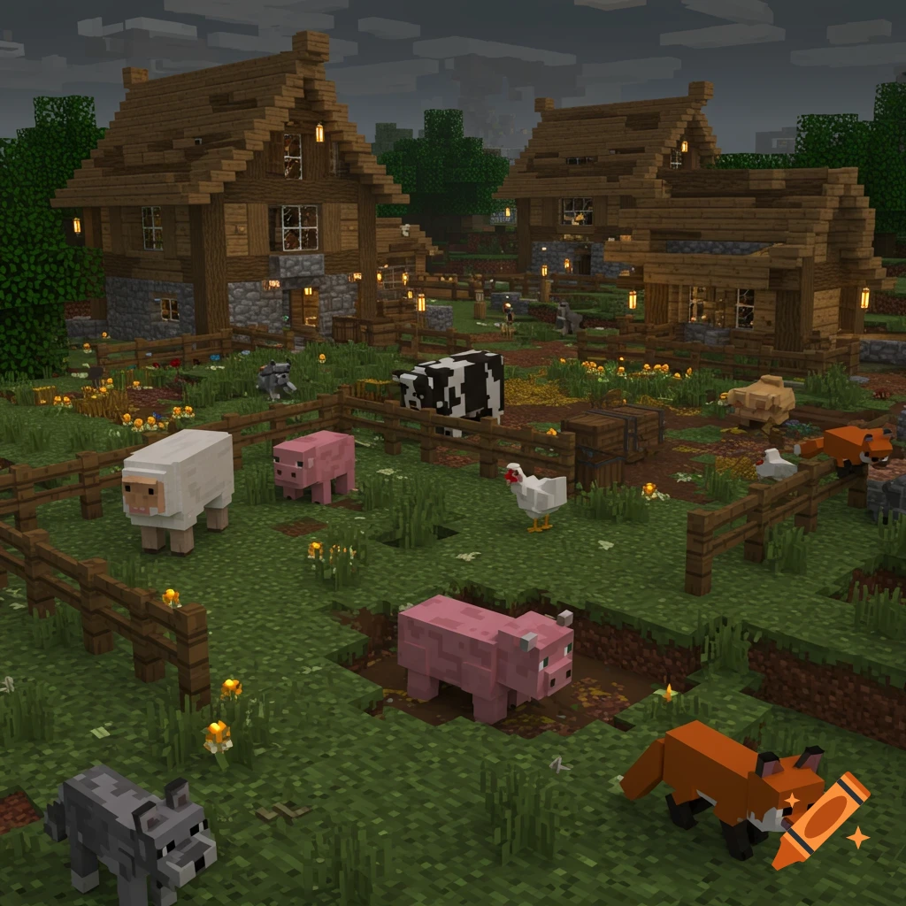 Minecraft village scene with farm animals including sheep, pigs, cow, chickens, wolf, and fox