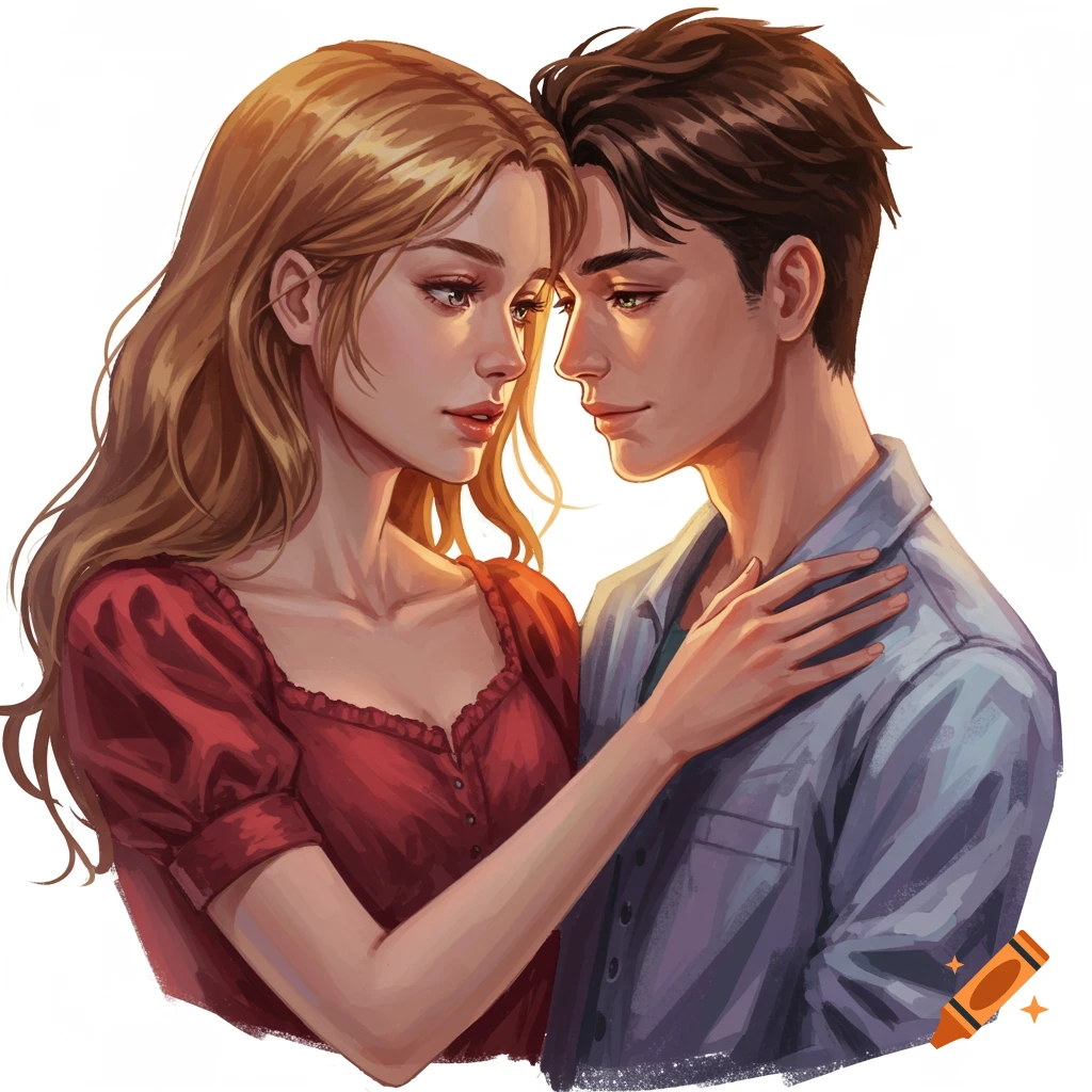A man and woman looking into each other's eyes, woman's arm around the man.