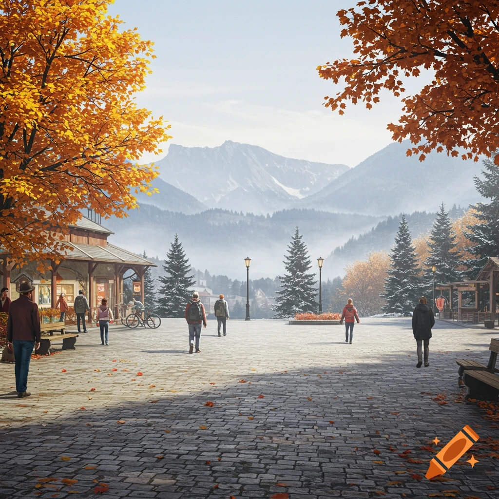 Cobblestone plaza with people walking among autumn leaves and snow-dusted trees, with misty mountains in the background.