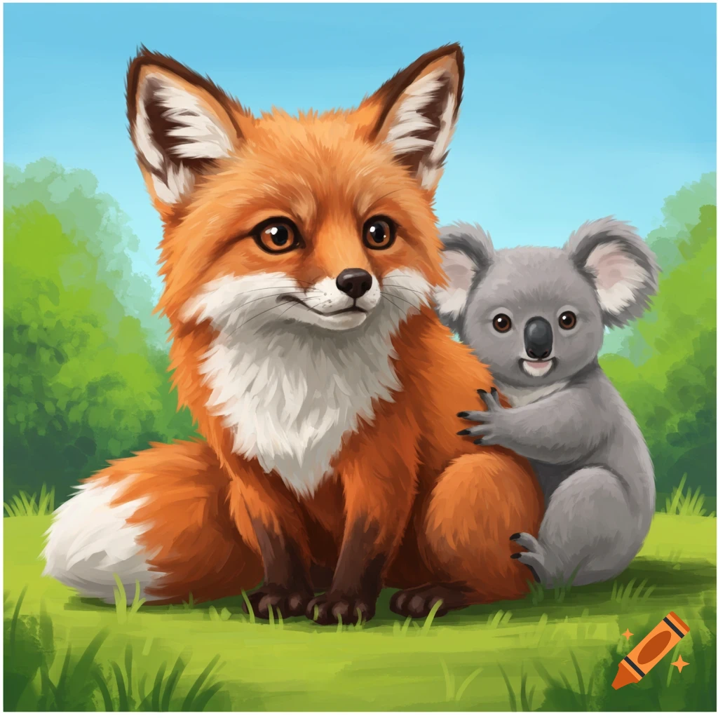 Cartoon illustration of a cute fox and a koala sitting together in a grassy field.