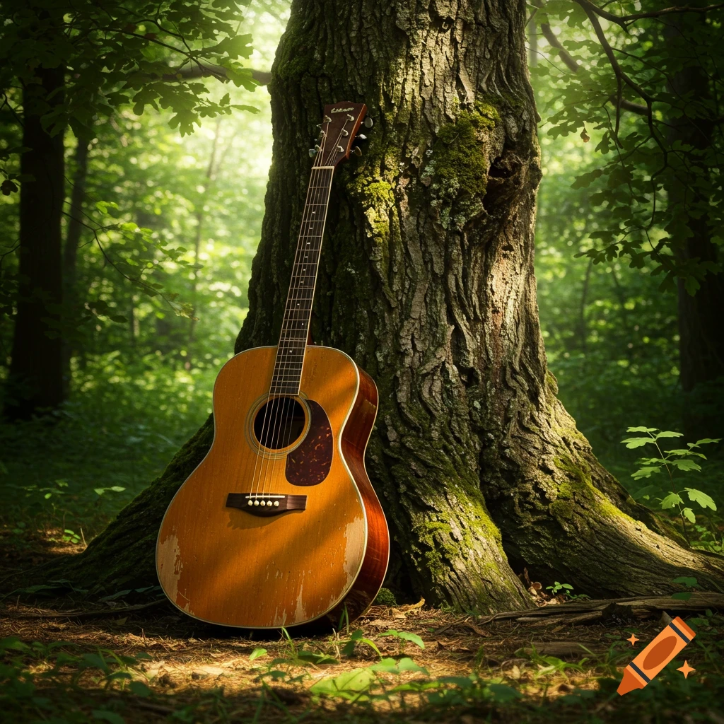 An acoustic guitar leans against a large tree in a sunlit forest