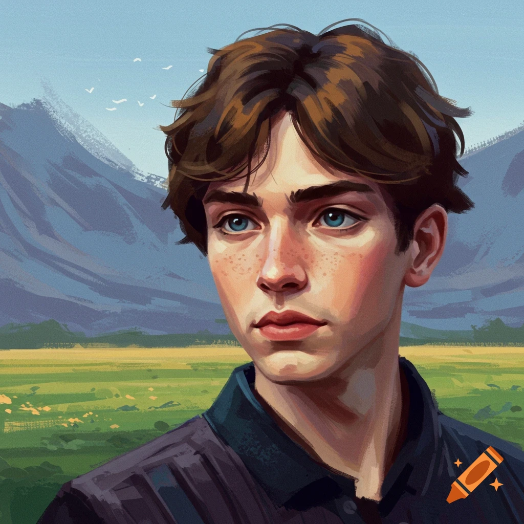 A portrait of a young man with brown hair and blue eyes, in a field with mountains.
