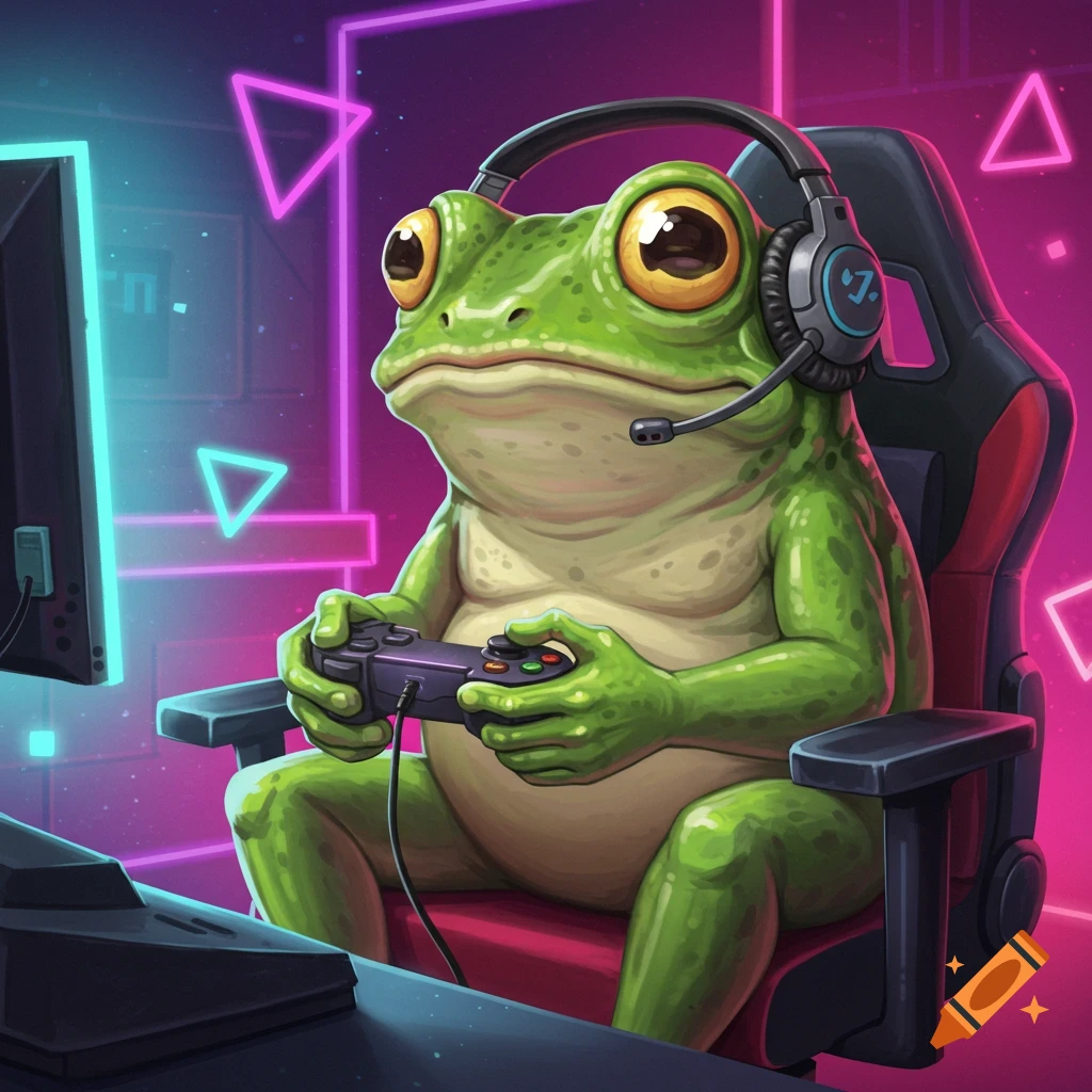 A frog wearing headphones and holding a controller, sitting in a gaming chair in front of a computer.