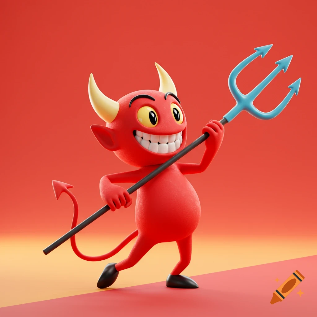3D rendered cartoon red devil character holding a pitchfork.