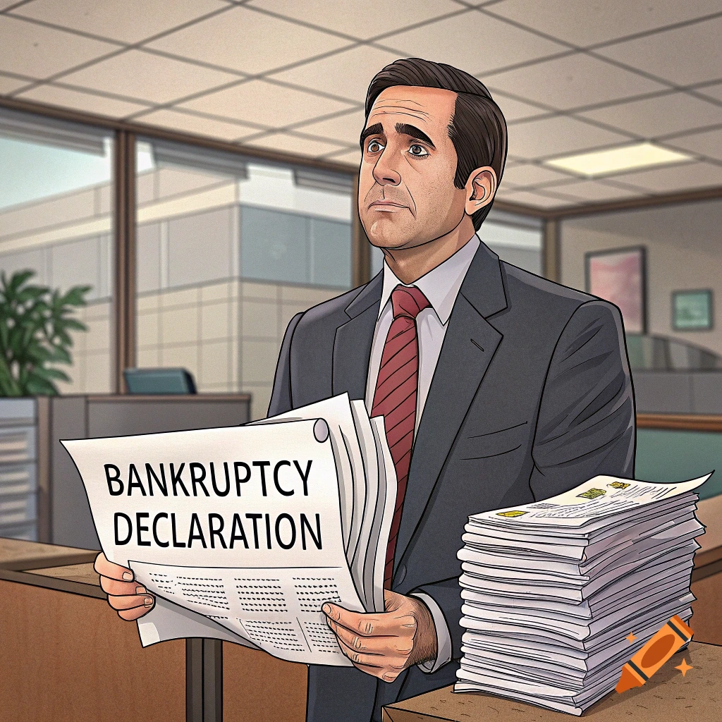 A man in a suit, styled like Michael Scott, holds up a paper reading "BANKRUPTCY DECLARATION" in a cartoon office.