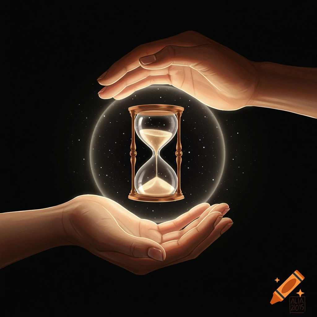 Two hands holding an hourglass inside a glowing orb.