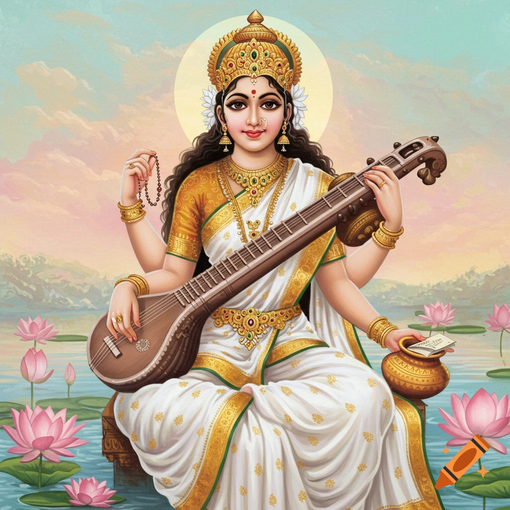 Goddess Saraswati playing a veena, seated on a platform in water with lotus flowers.