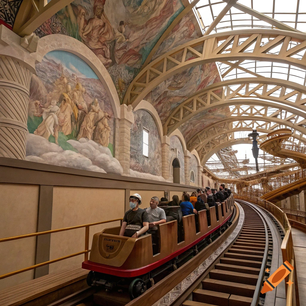 People ride an indoor roller coaster with classical murals and intricate architecture.