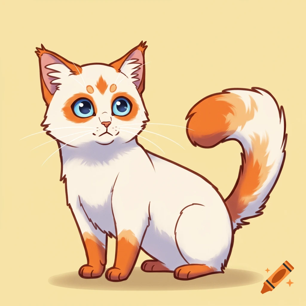 A cartoon illustration of a white cat with orange markings and blue eyes.