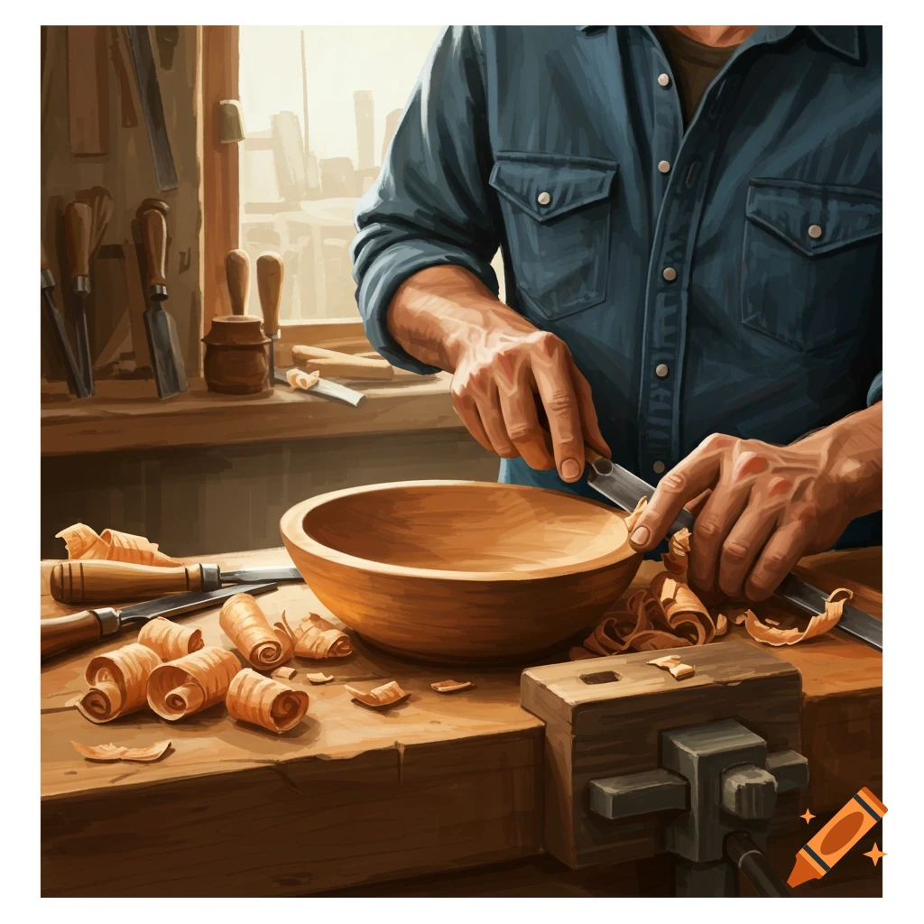 Hands carving a wooden bowl on a workbench with tools and shavings.
