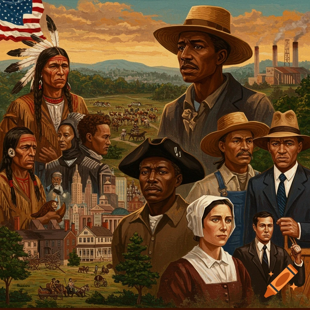 Collage depicting figures from American history, including Native Americans, settlers, and scenes of industry and settlement, with a US flag.