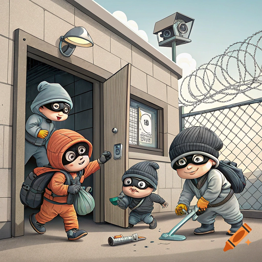 Cartoon babies in burglar masks attempt to break into a building.