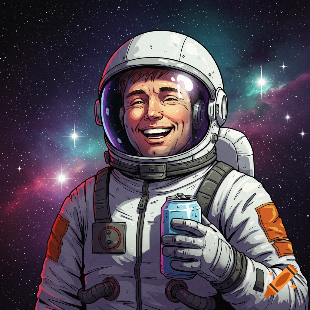 A smiling astronaut in space holding a can.