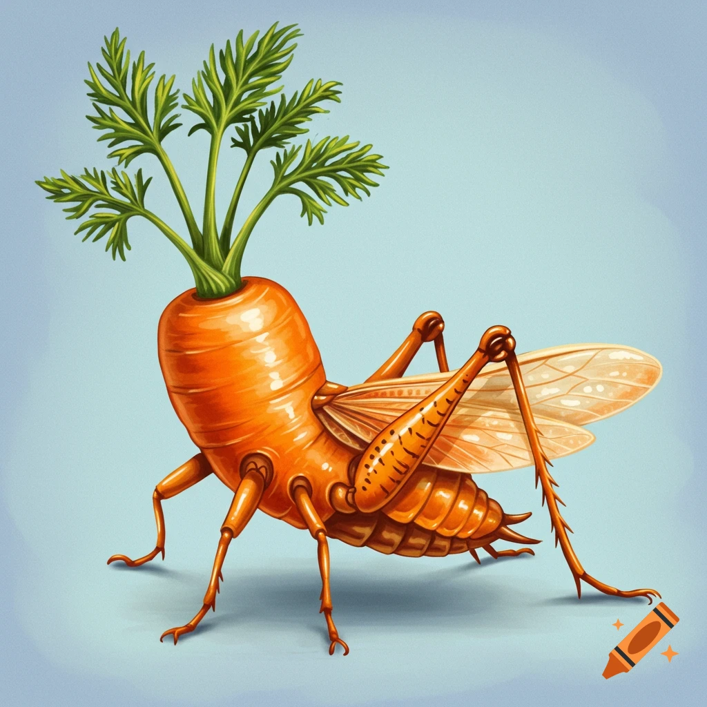 a carrot with cricket legs and wings