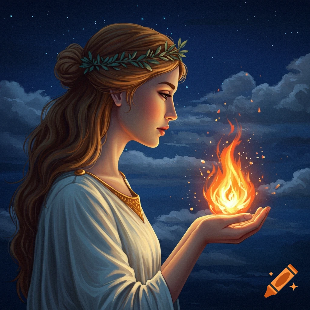 Profile portrait of a young woman with a laurel wreath, holding fire in her hands, against a starry night sky.