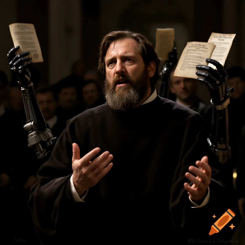 A man with a beard and mechanical arms holds papers while giving a speech.