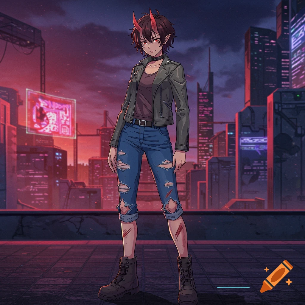 Anime character with horns, ripped jeans, leather jacket, and boots stands on a rooftop overlooking a cyberpunk city.