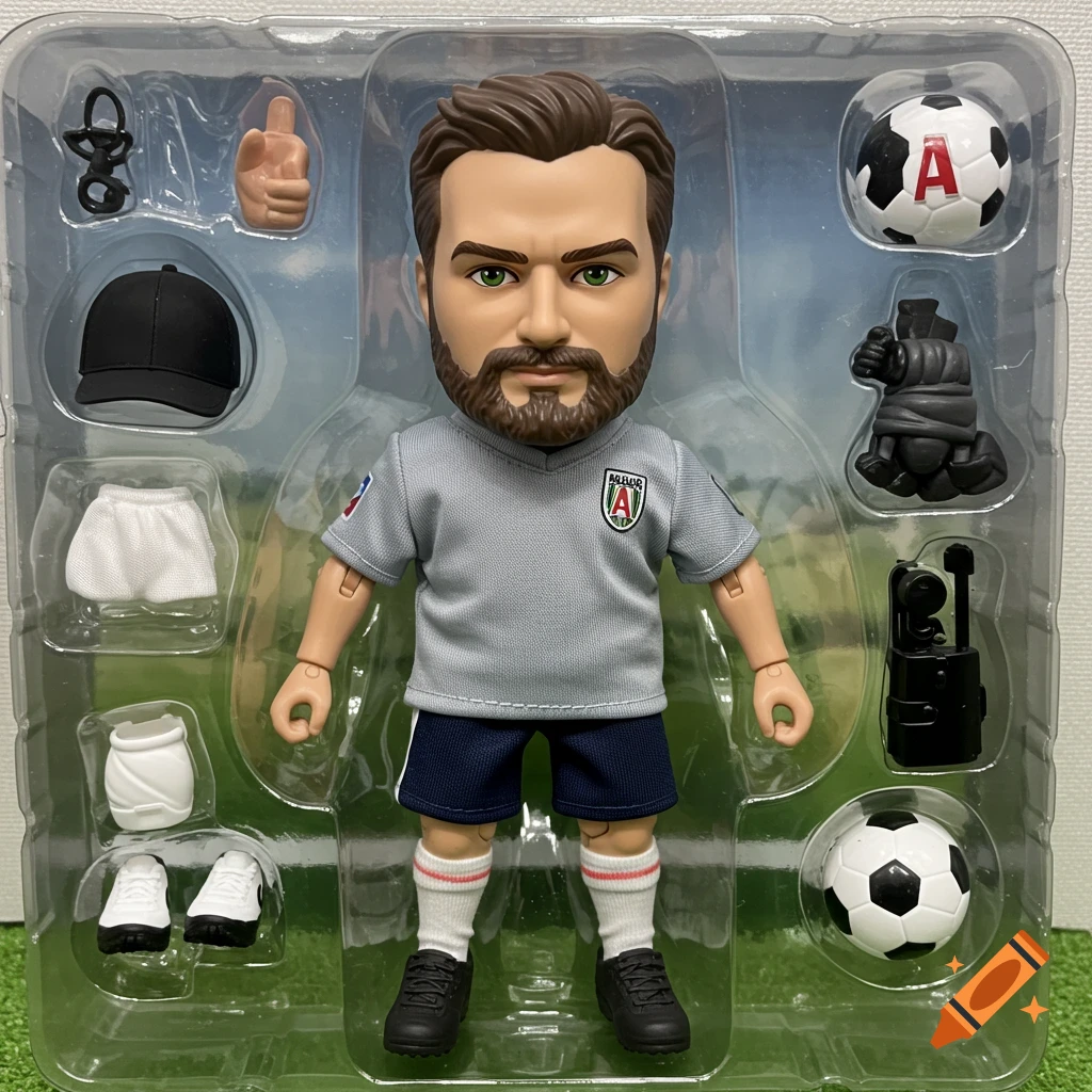 Action figure of a soccer player/dad in toy packaging with accessories.
