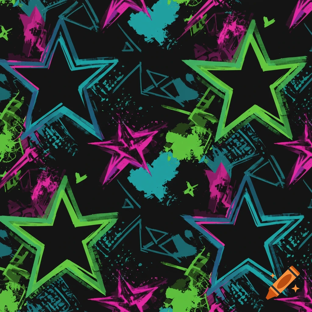 Abstract neon seamless pattern with stars, triangles, and paint splatters on a black background.