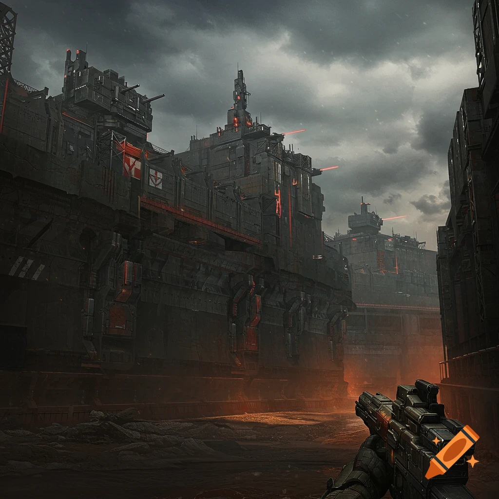 First-person view of a weapon looking towards dark, massive futuristic buildings under a stormy sky.