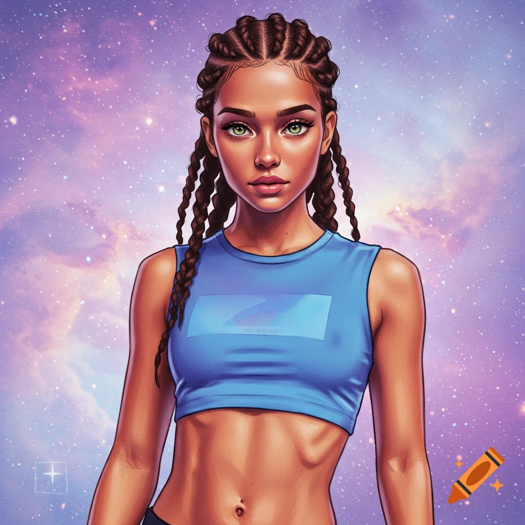 A woman in a blue crop top against a starry cloud background.