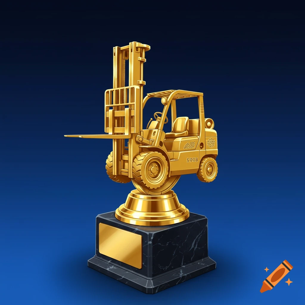 A golden forklift trophy on a black marble base against a blue background.