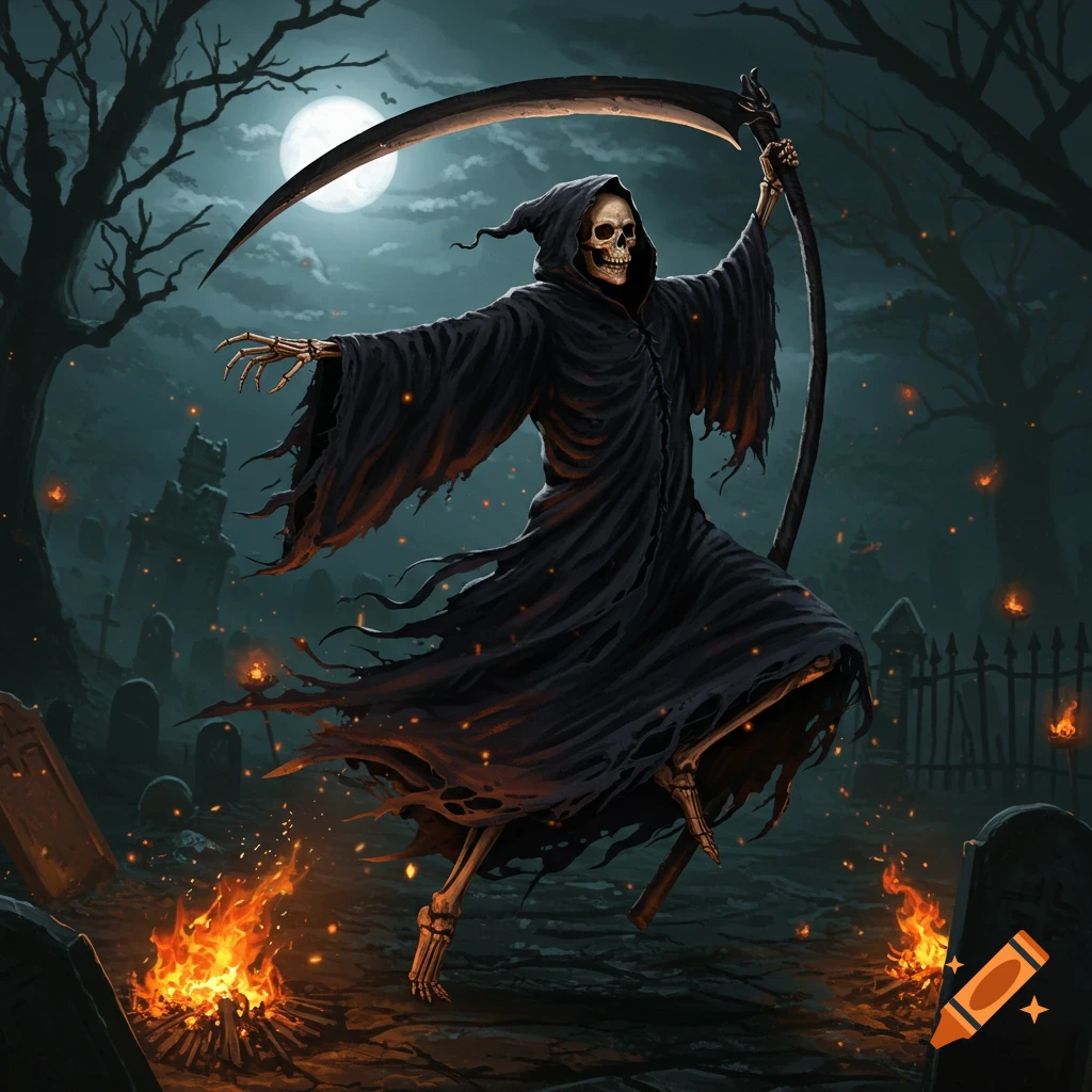 Grim Reaper dancing with a scythe in a dark cemetery with fires under a full moon.