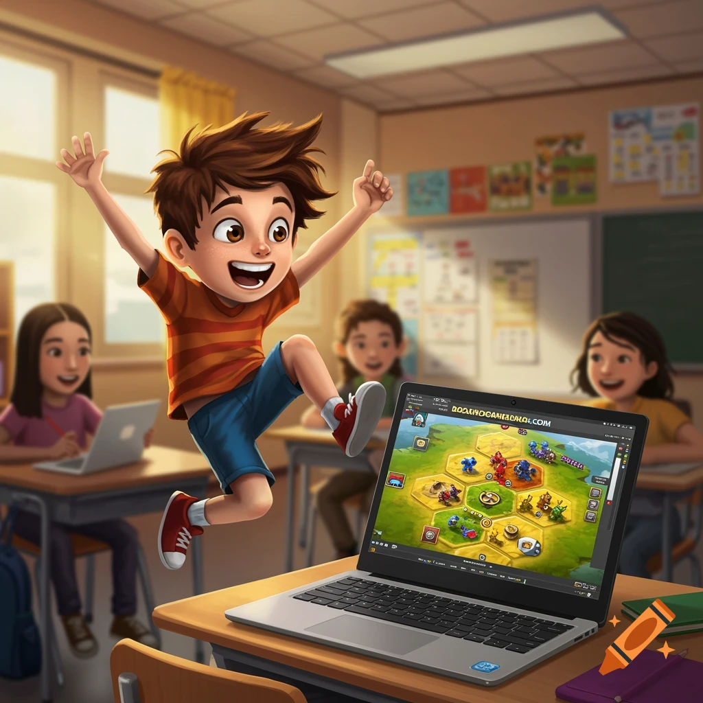 A cartoon boy excitedly jumps in a classroom next to a laptop showing an online board game.