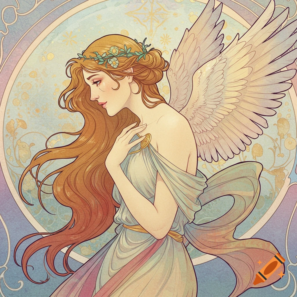 Art Nouveau style illustration of an angelic woman with long flowing hair, wings, and a floral wreath around her head.