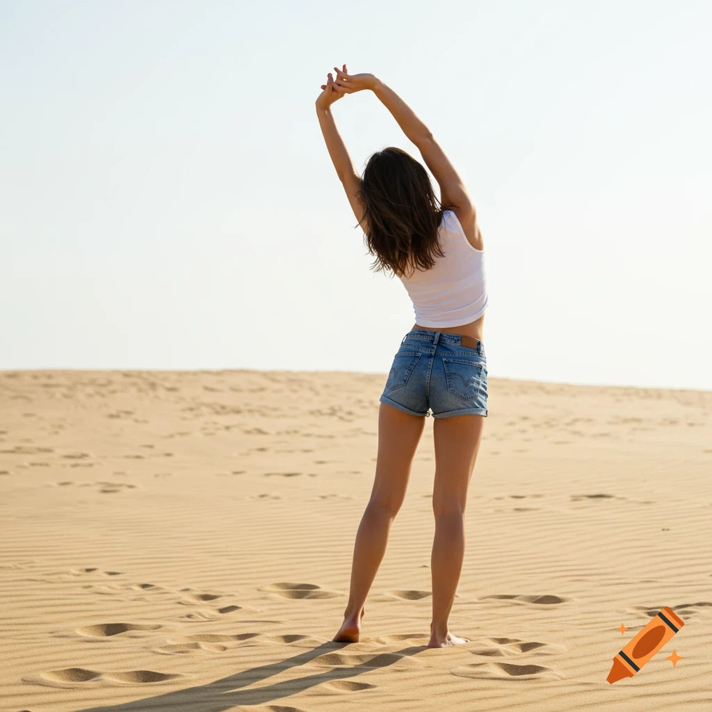 A woman in shorts and a tank top stretches on a sandy beach, seen from behind.