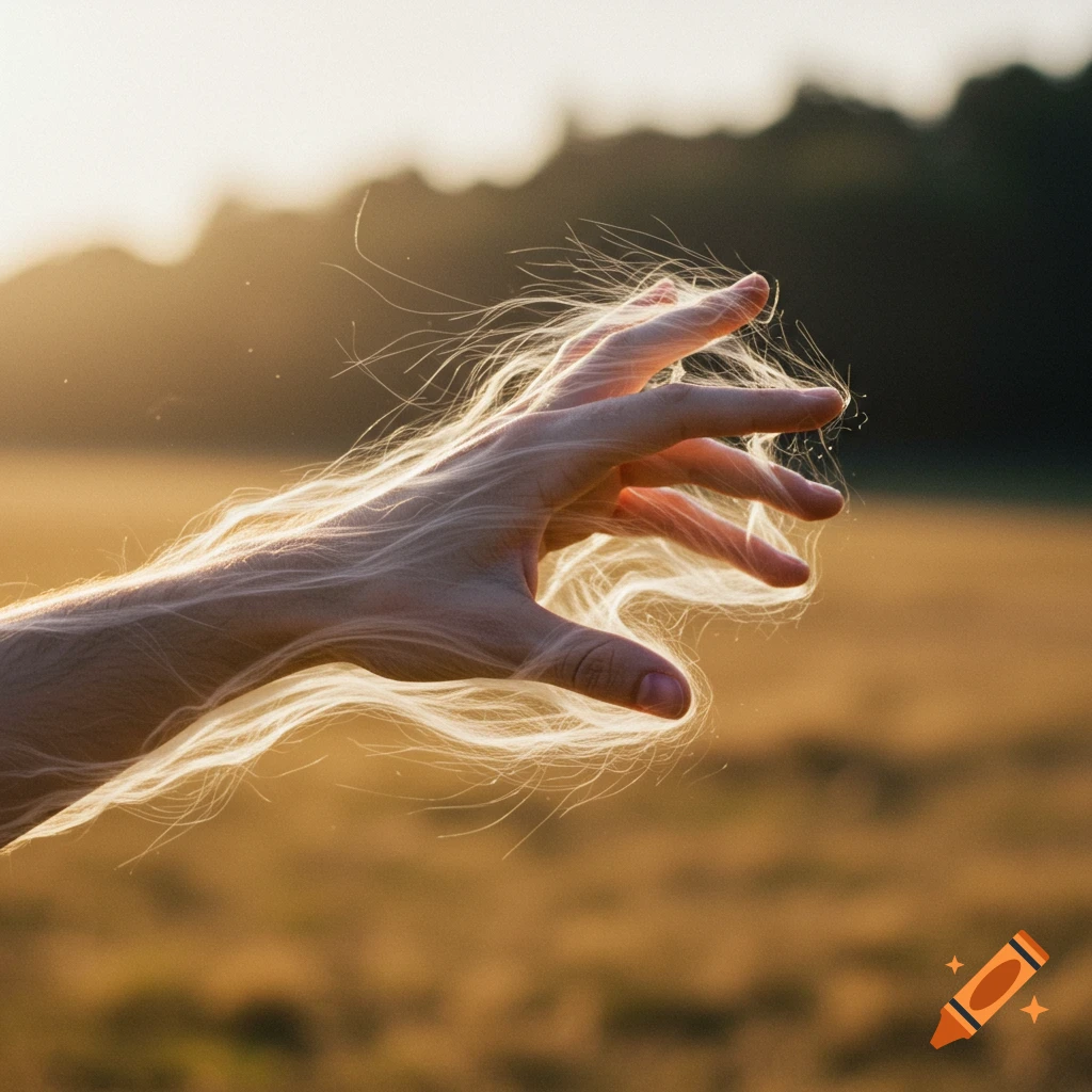 A hand with glowing wind flowing through it, against a blurred field at sunset.