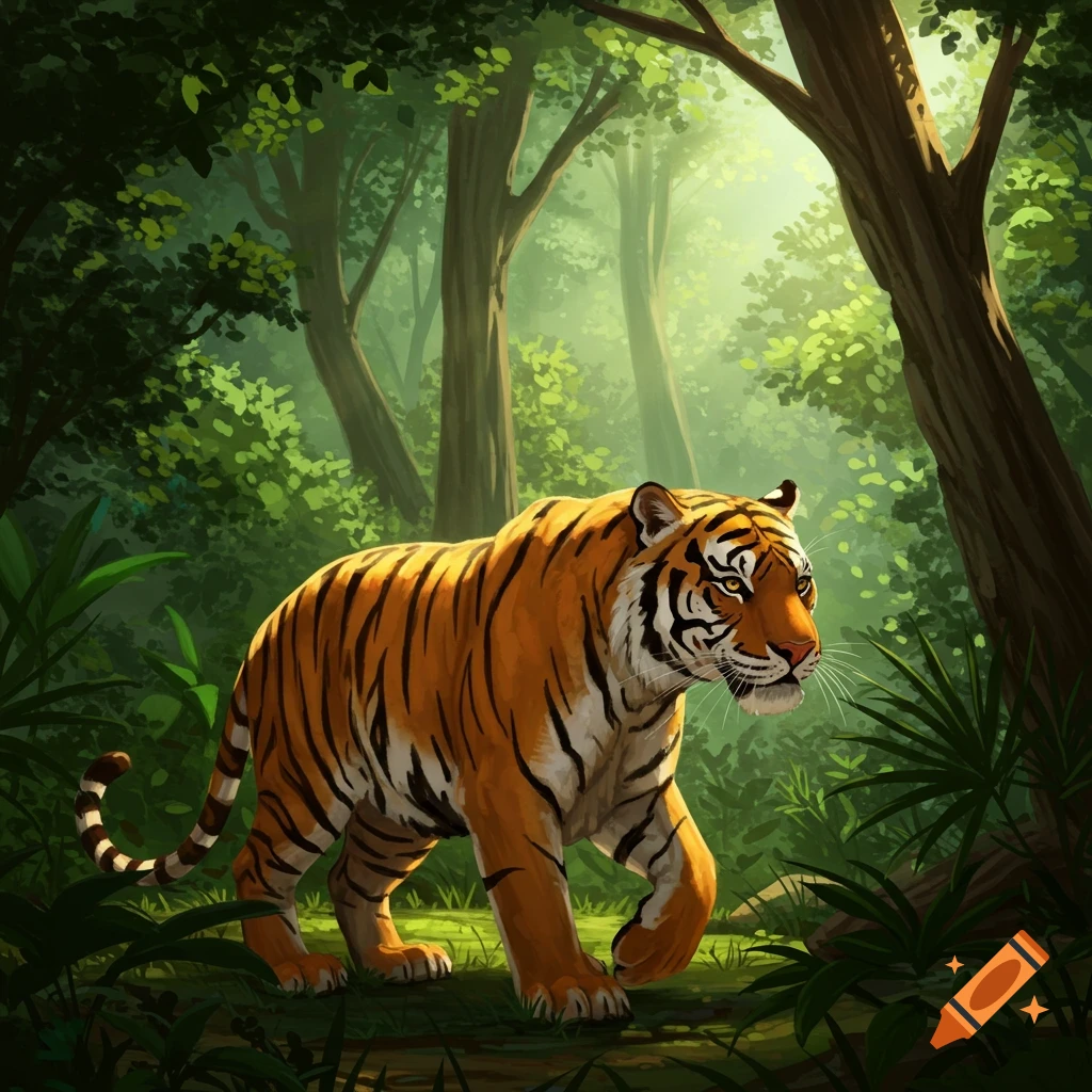 A tiger walks through a sunny forest.