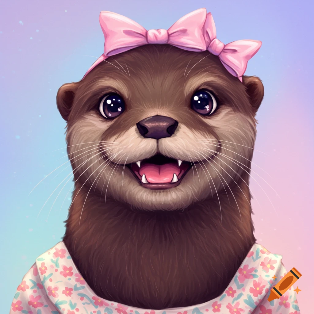 A smiling otter wearing a pink bow and a floral dress.
