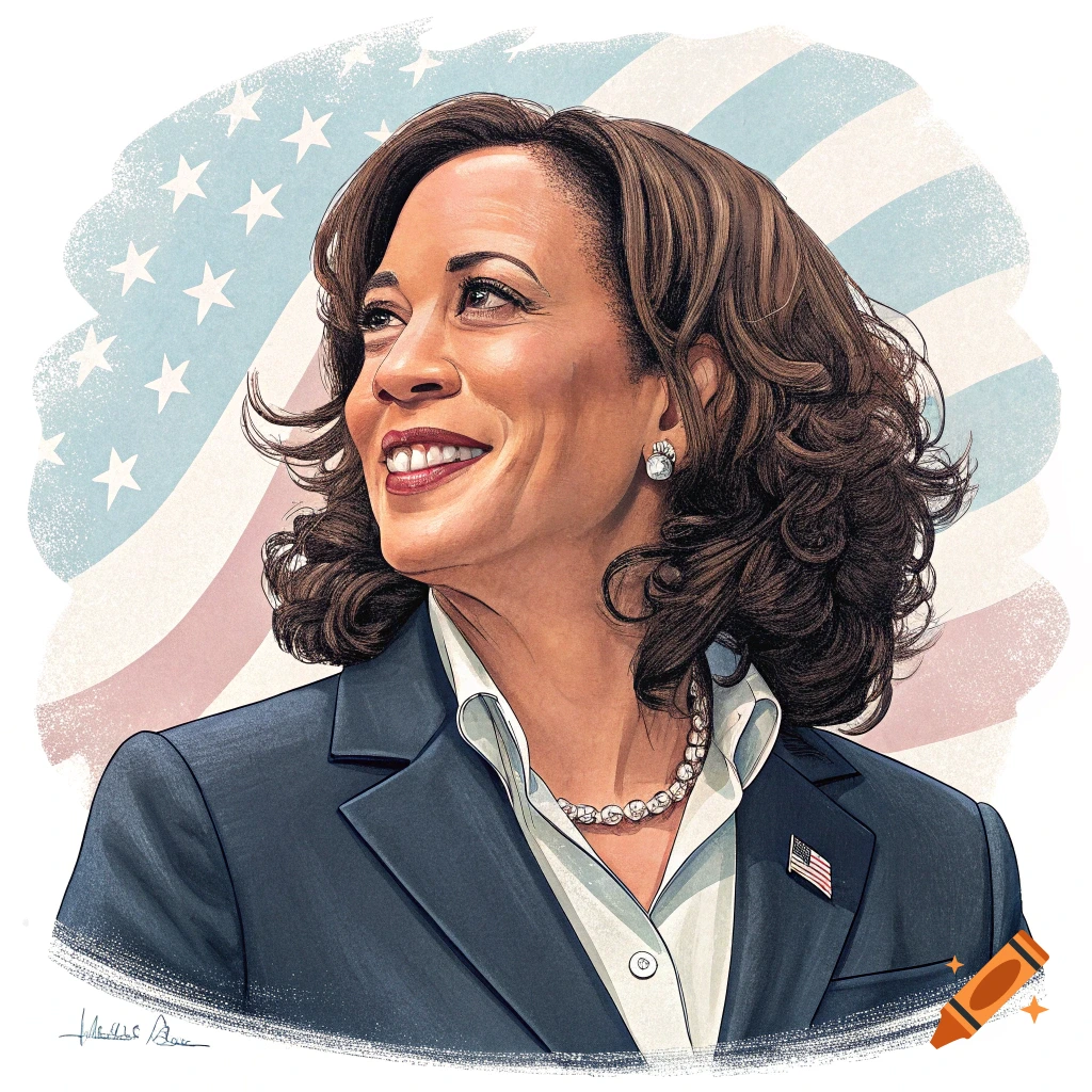 Illustration portrait of Kamala Harris smiling with US flag elements in the background.