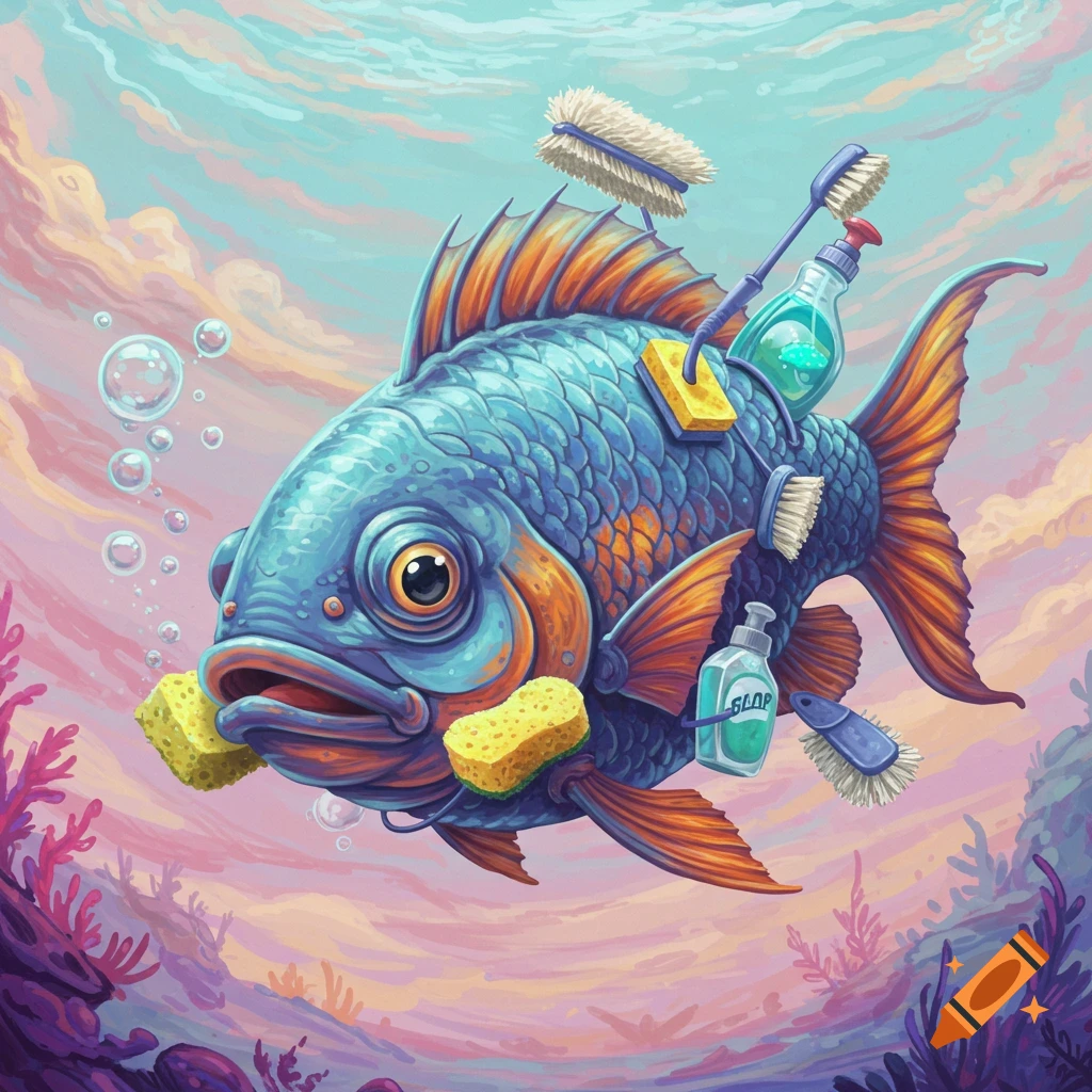A blue and orange fish swimming underwater, covered in cleaning sponges and brushes.