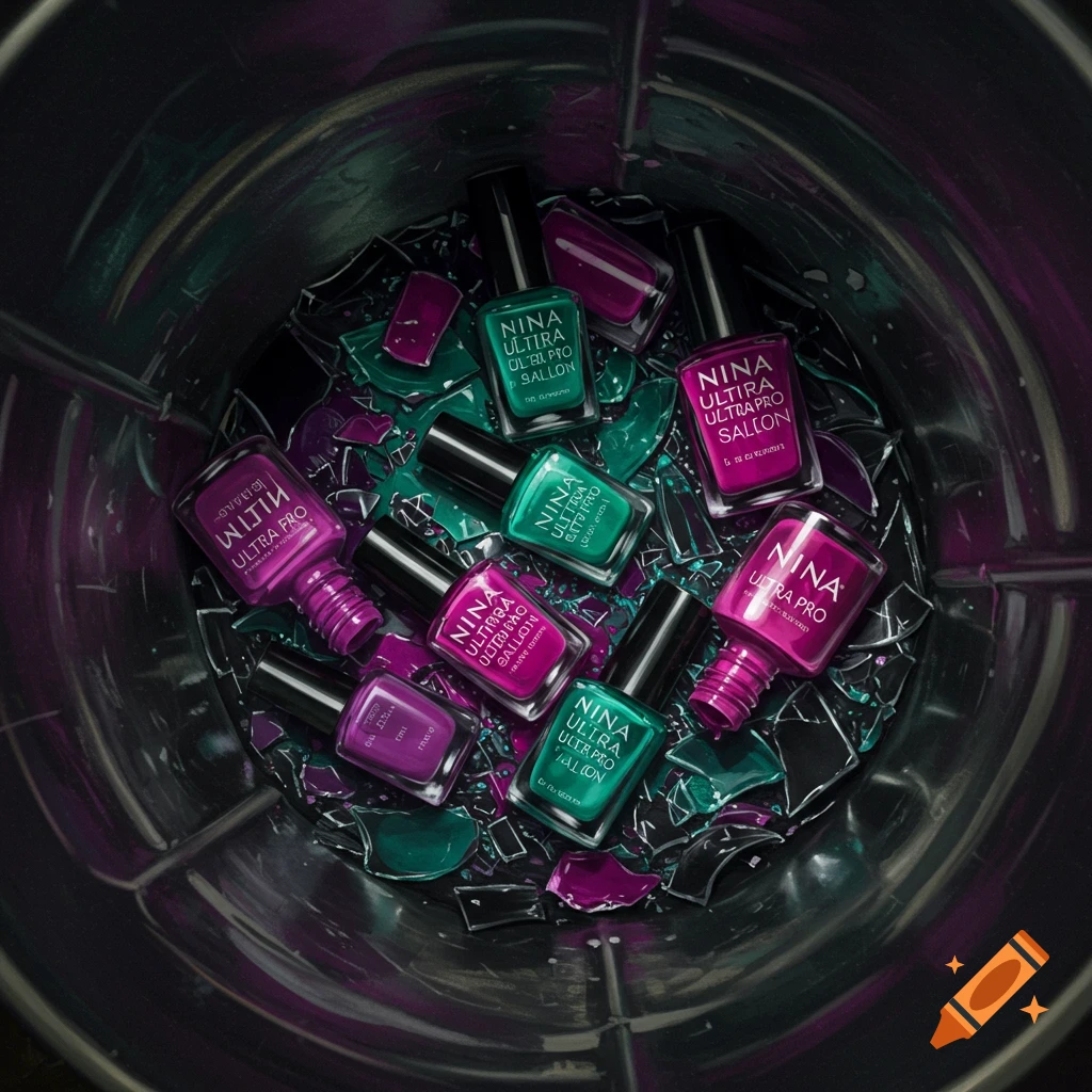 Broken purple and green nail polish bottles lie in a trash can.