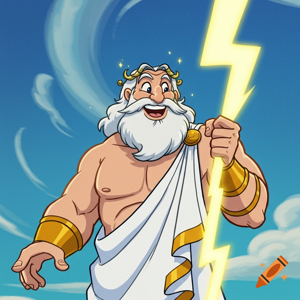 Cartoon illustration of Zeus holding a lightning bolt