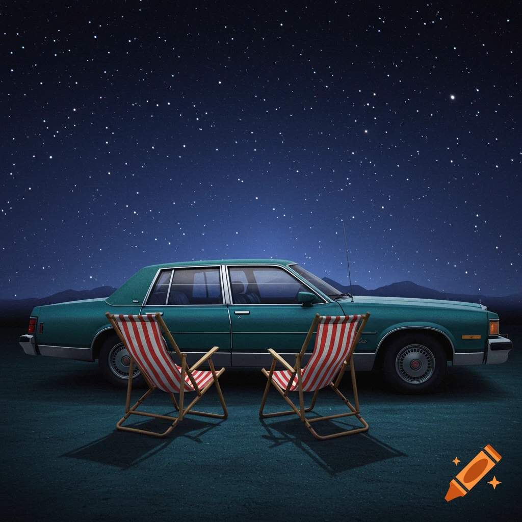 A teal car and two lawn chairs sit under a starry night sky.