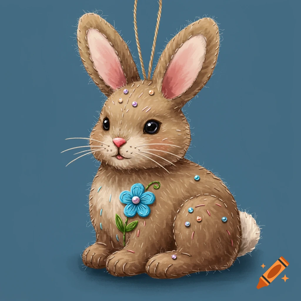 A felt rabbit ornament with stitching, beads, and a blue flower.
