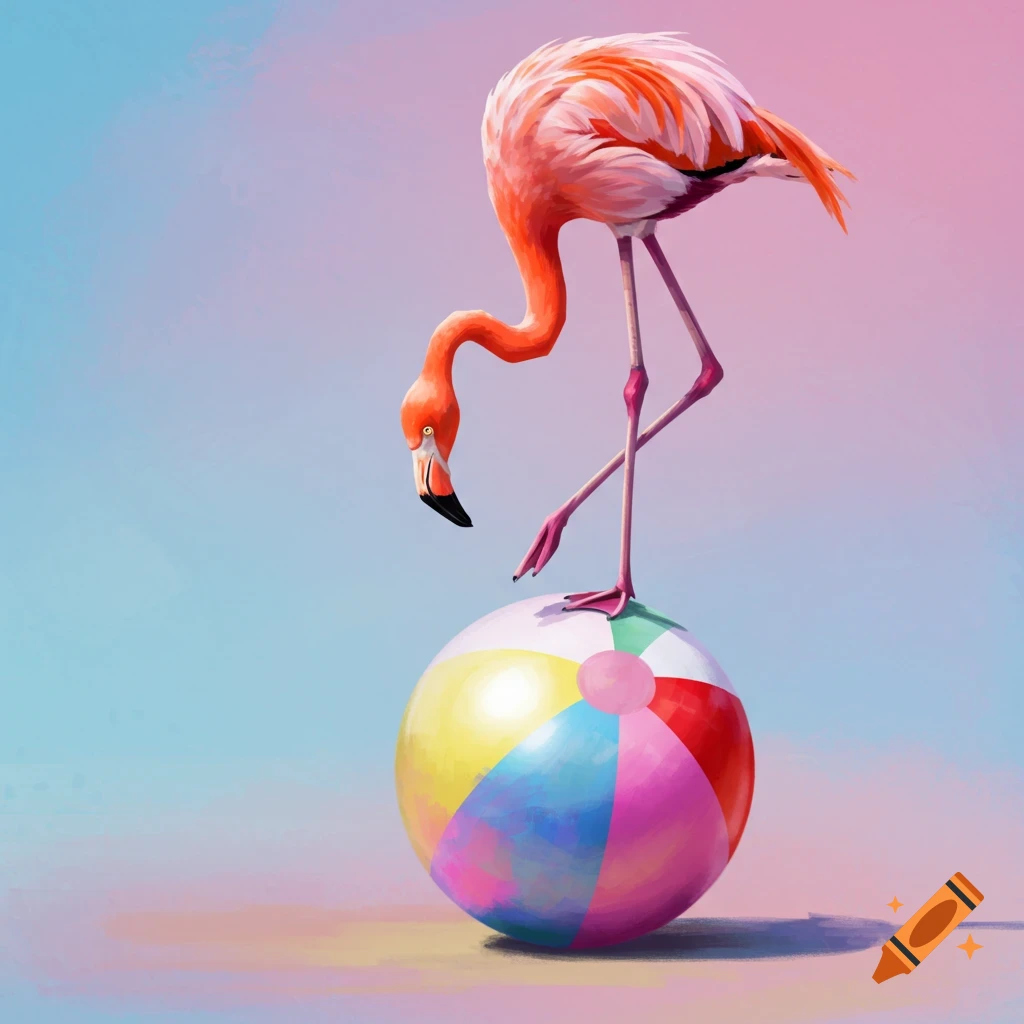 A pink flamingo standing on a colorful beach ball, looking down.