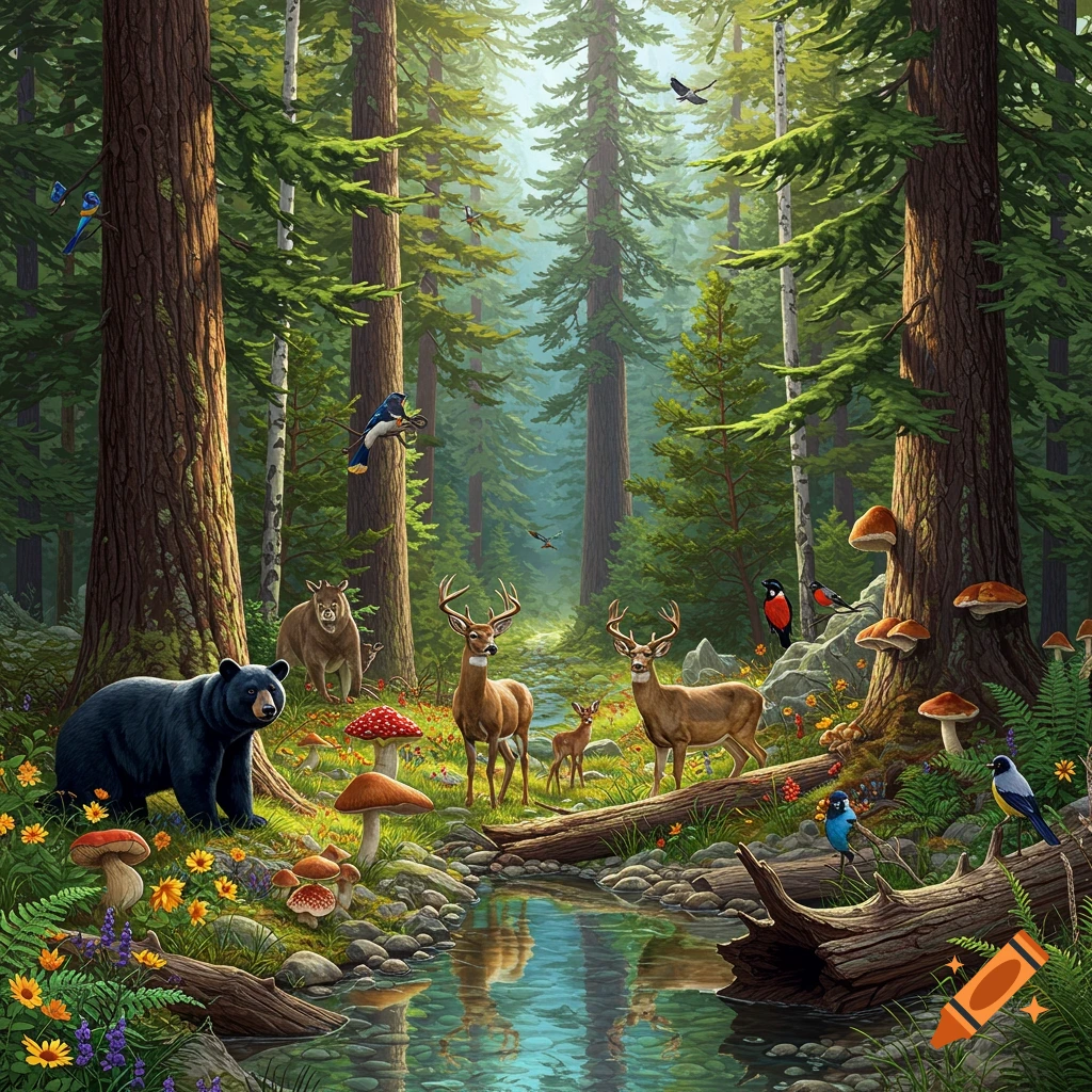 A serene forest scene featuring a bear, deer, birds, a tranquil stream, and scattered mushrooms.
