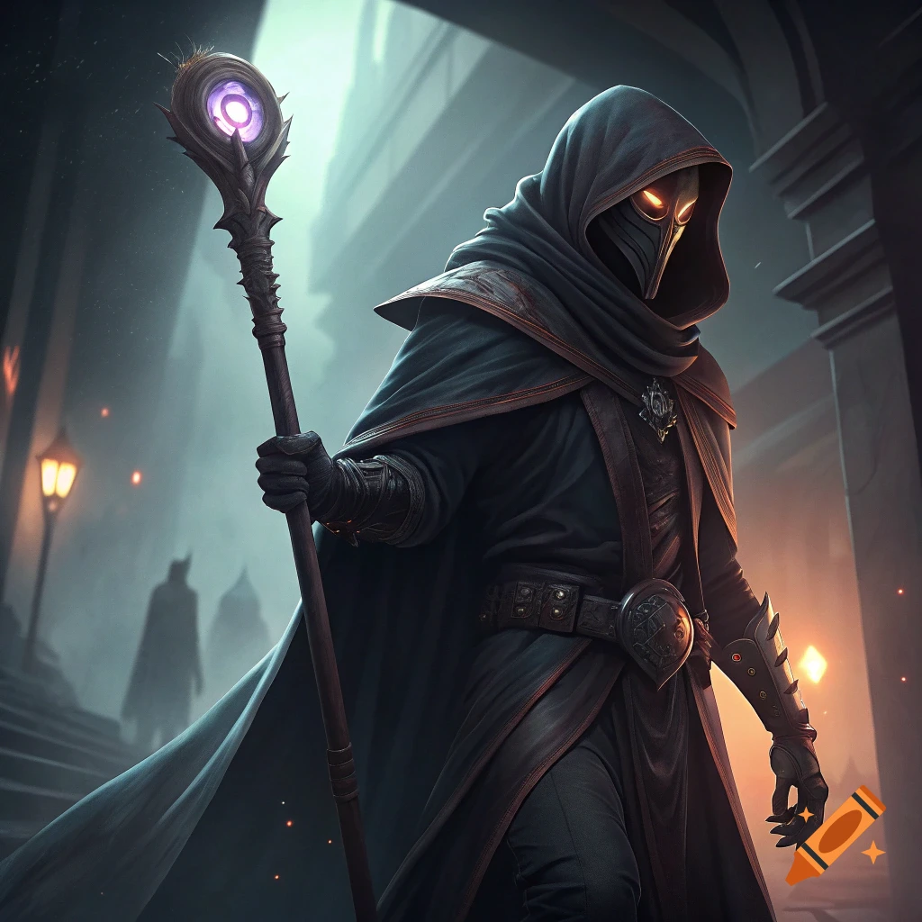 Dark hooded figure with glowing eyes holds a glowing staff in a shadowy environment.