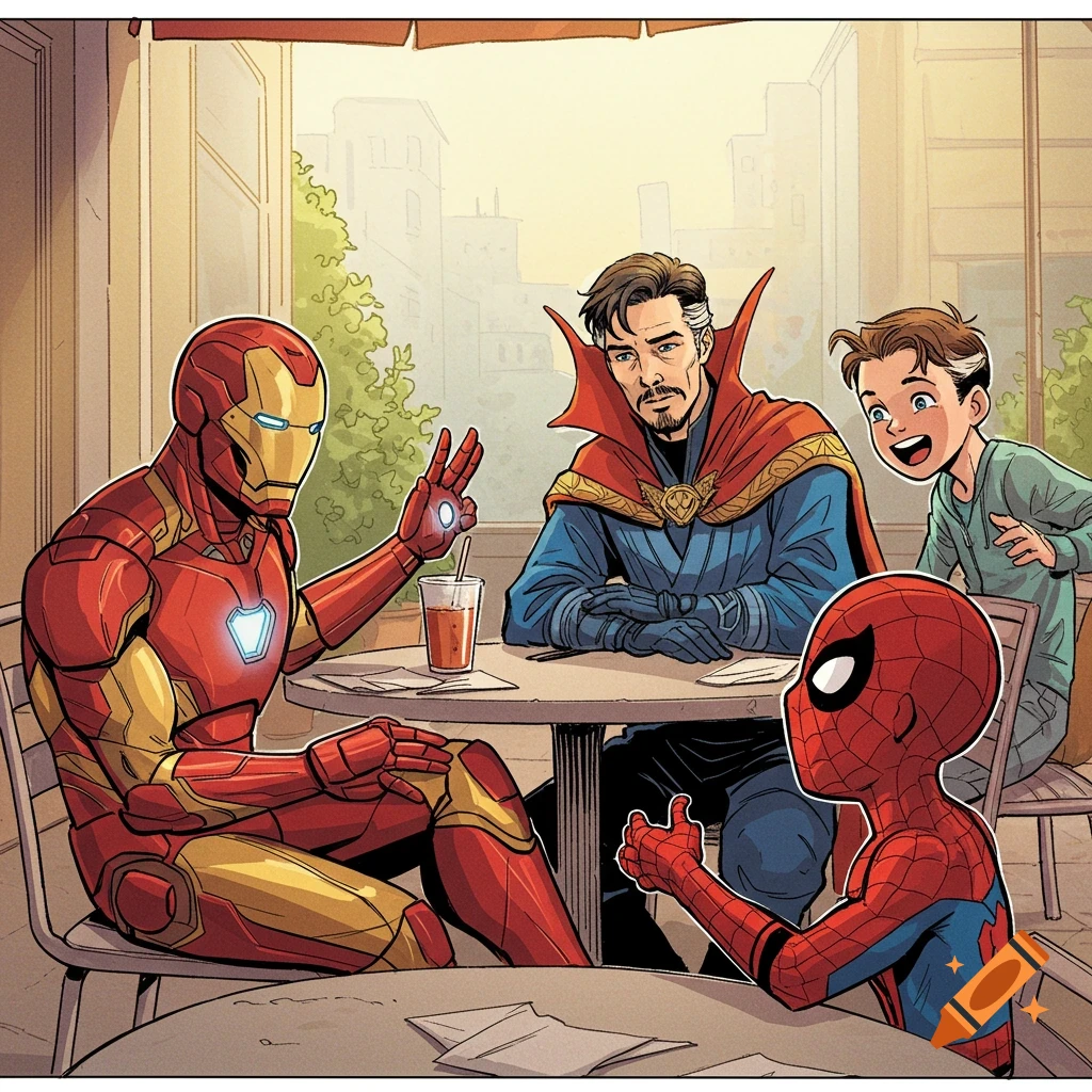 Iron Man, Doctor Strange, and Spider-Man having lunch in a comic book art style.