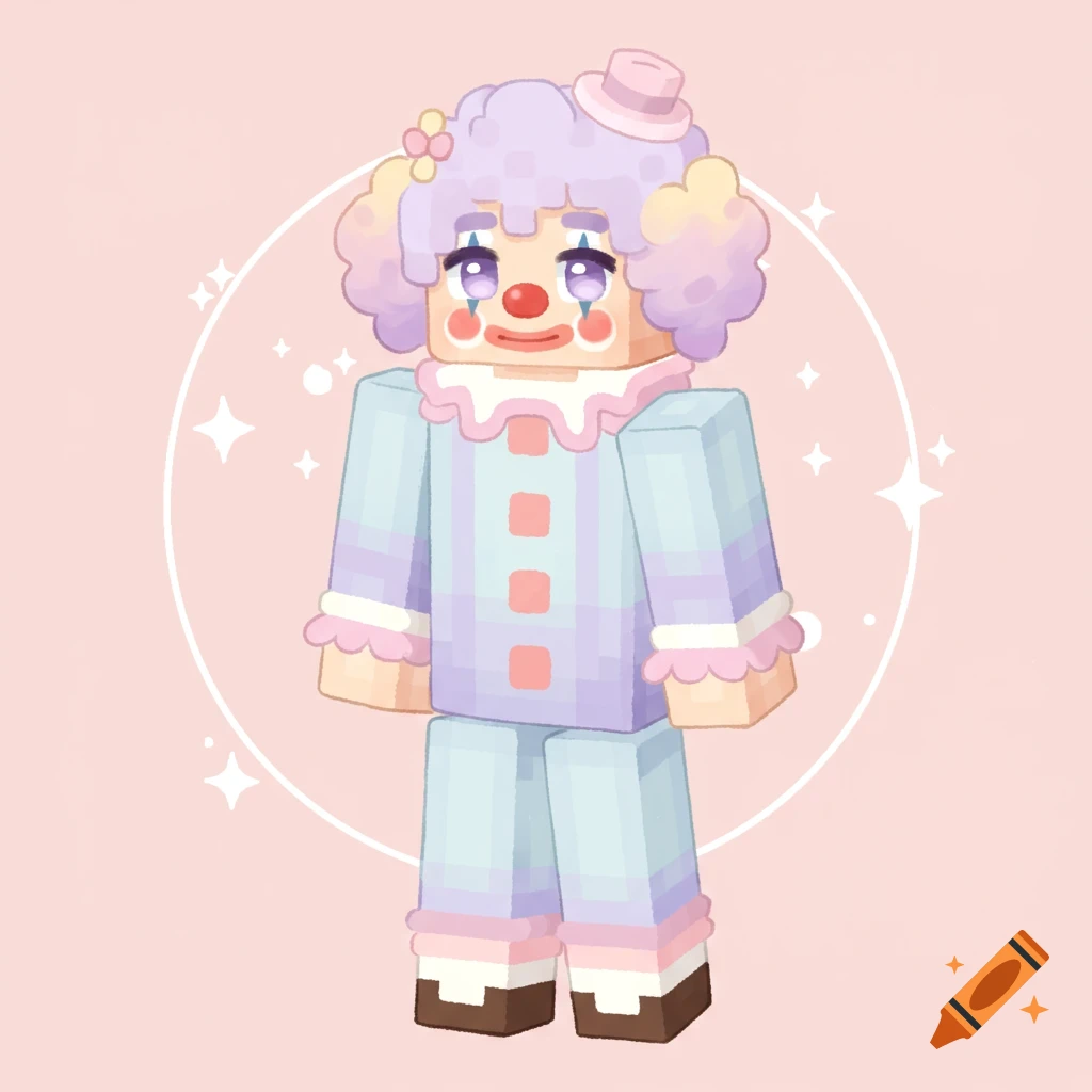 A blocky character in a pastel clown costume standing against a pink background with stars.