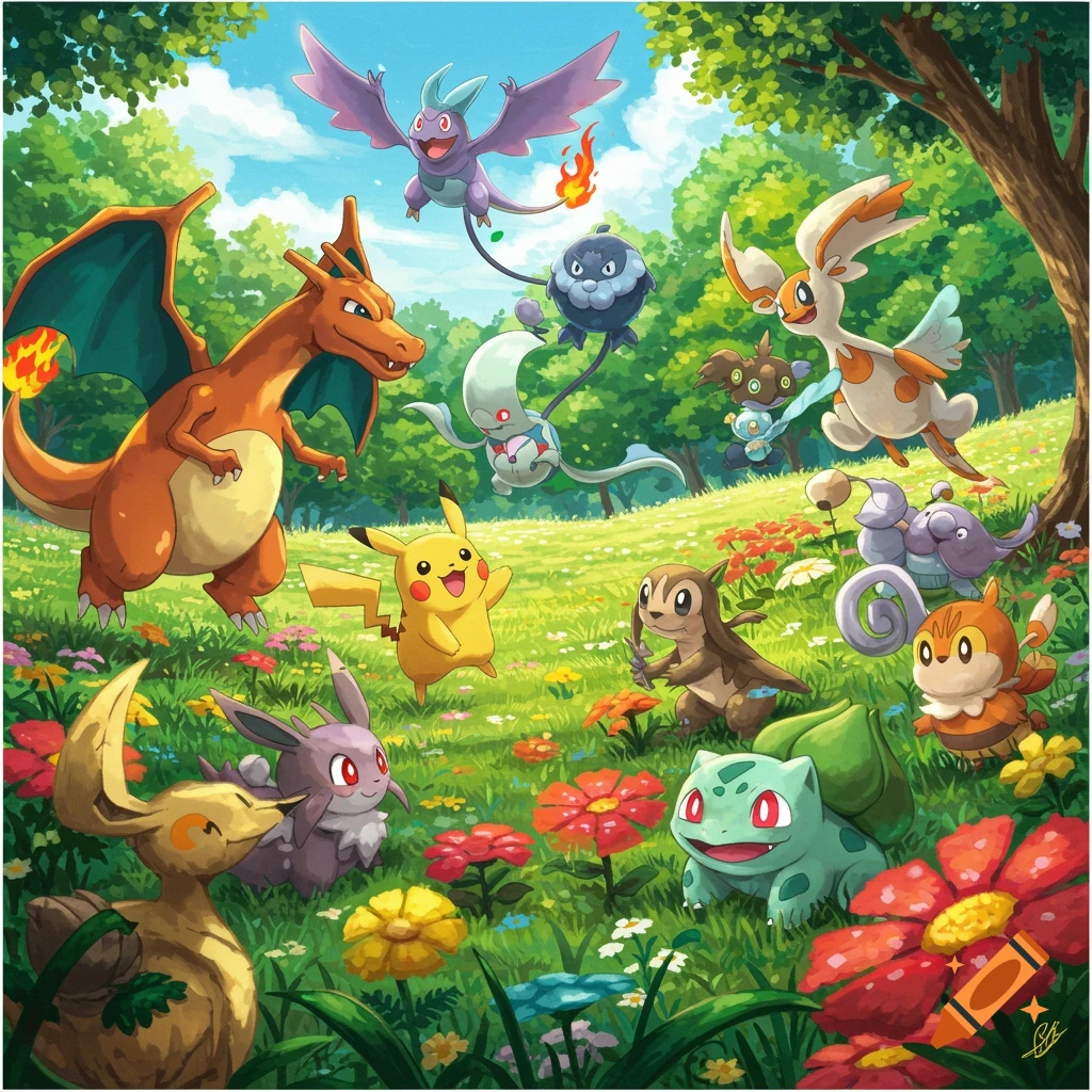 Pokemon including Charizard, Pikachu, and Bulbasaur in a vibrant, flowery meadow, anime style.