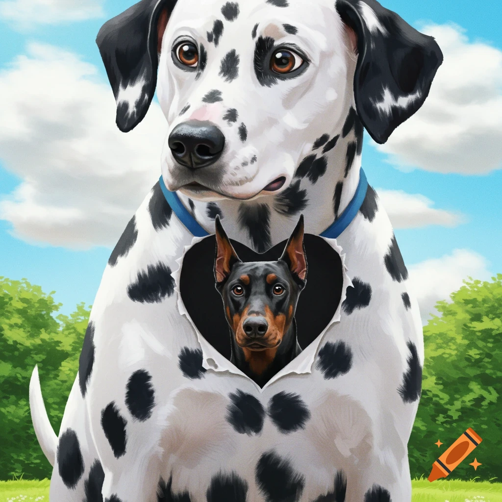 A giant Dalmatian with a Doberman in a heart shape on its chest in a park.
